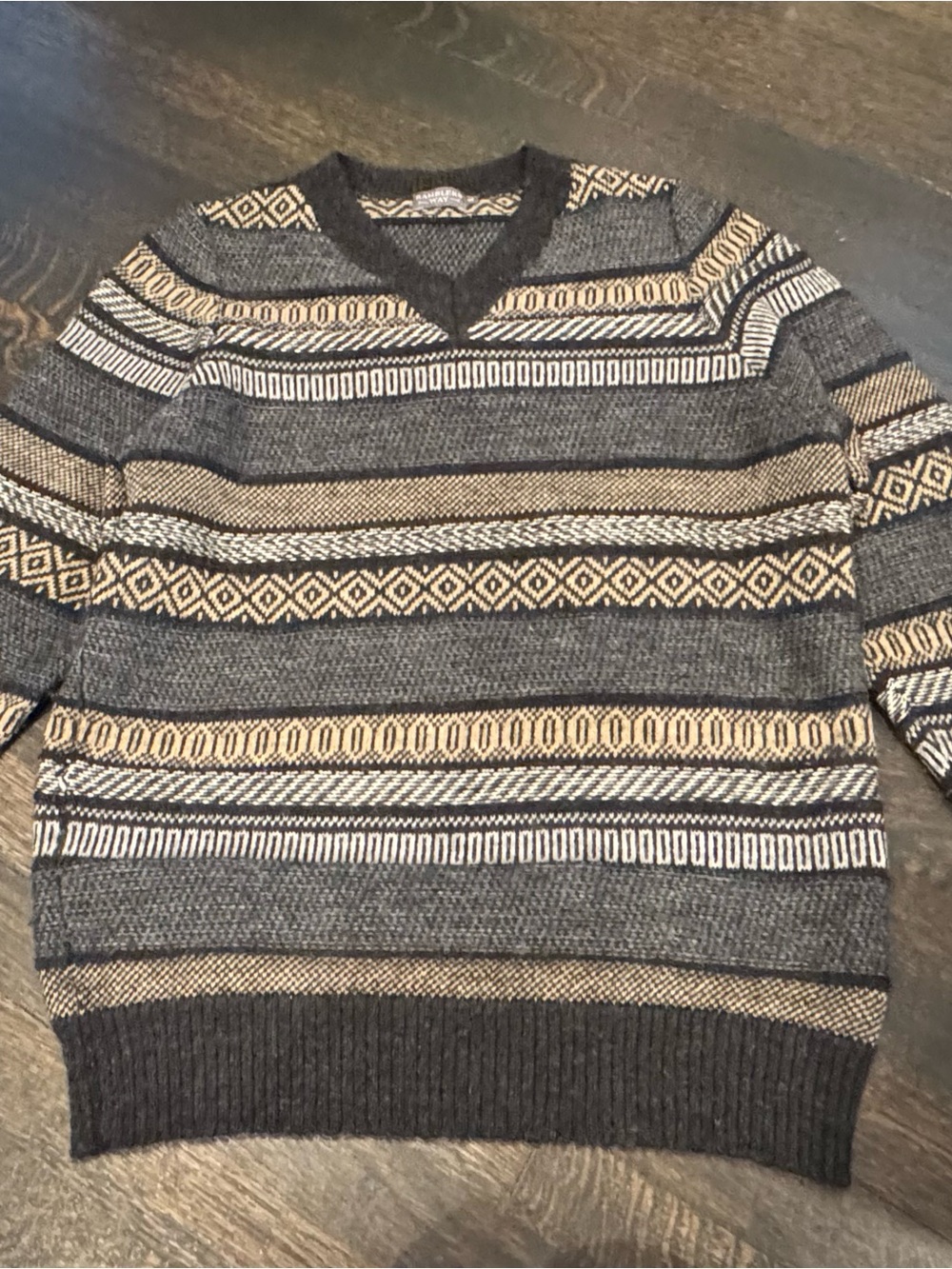 Men's V-Neck Striped Knit Sweater - Gray & Tan